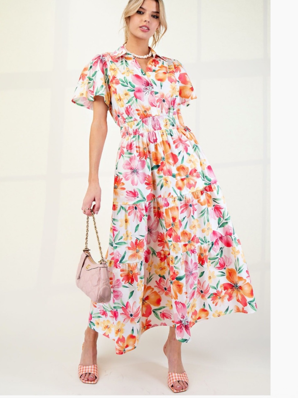 Easel Floral Flutter-Sleeve Maxi Dress in White with Pink & Orange Blooms